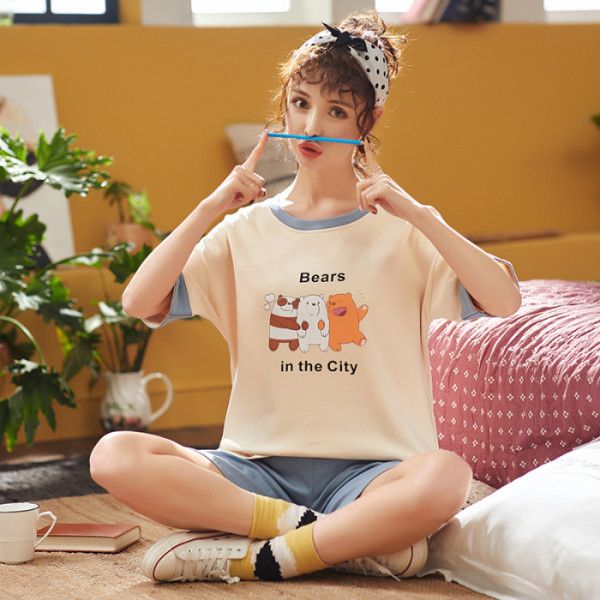 

missyou round neck print cartoon and shorts pajamas set 2019 new women's short-sleeved casual pajamas set, Black;red