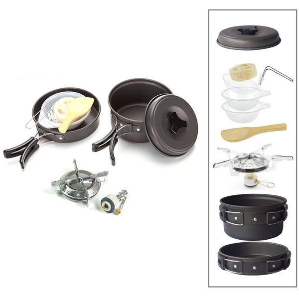 

ultralight camping cookware utensils outdoor tableware with mini gas stove for hiking picnic camping tableware pot pan set