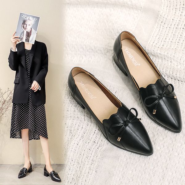 

2020 big size 33-42 shoes women casual flats wild sweet fashion bowknot pointed toe shallow mouth leather shoes, Black
