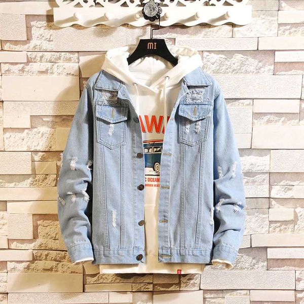 

men jacket 2020 spring and autumn new fashion casual hole-solid color slim denim jackets men, Black;brown