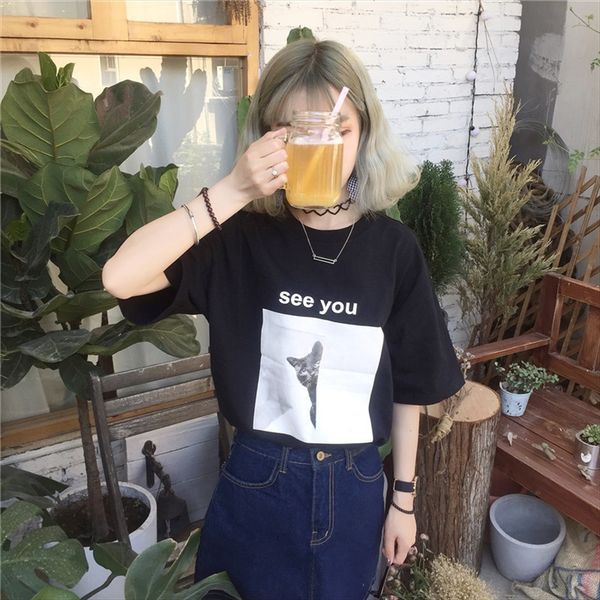 

women's cat printed t-shirt women's 2020 summer dress girlfriends loose cartoon student short sleeve t-shirt dress, White