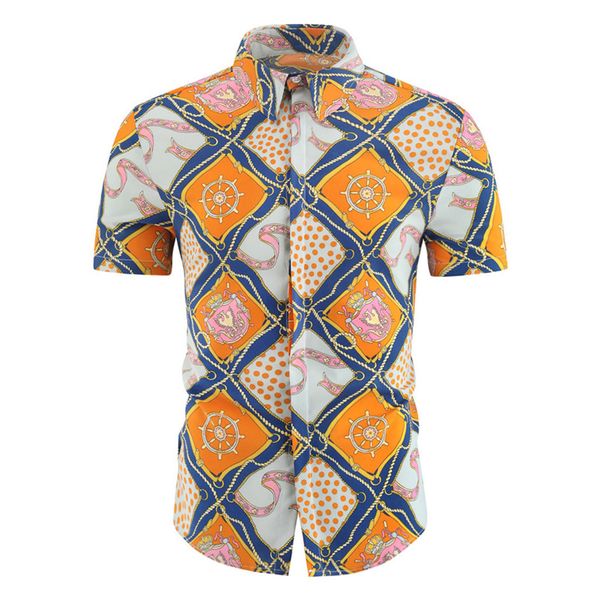

men's casual shirts men church pattern classical print shirt loose turn-down collar short sleeve button down male 2021, White;black