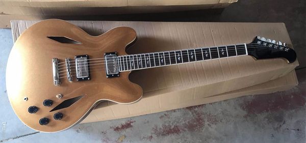 

custom shop dave grohl dg 335 metallic gold semi hollow body jazz electric guitar dual diamond holes, split diamond inlay, grover tuners