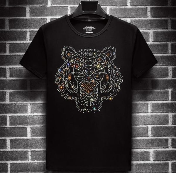 

Mens Tiger Printed Tshirts Summer Head Rhinestone Design Short Sleeved Tees