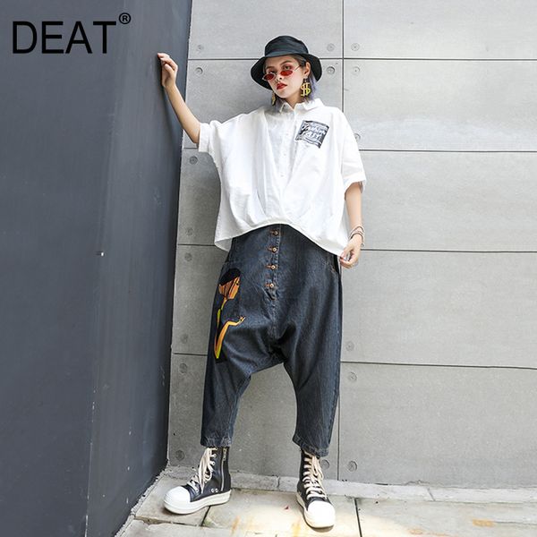 

deat] 2019 new spring summer high waist loose blue pattern printed button wide leg jeans women trousers fashion tide jw10