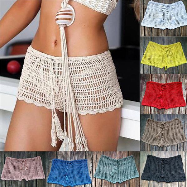 

women's solid color hollow swimmin trunks beach boxer shorts pants #a
