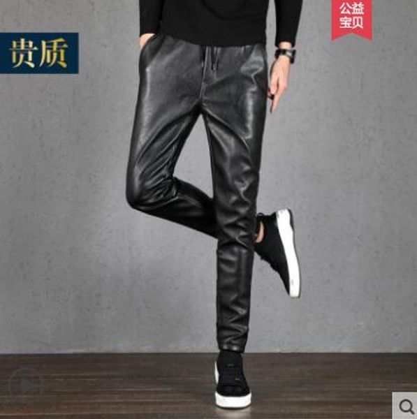 

elastic waist leather pants mens feet pants fashion motorcycle pu trousers men plus velvet thick personality pantalon homme, Black