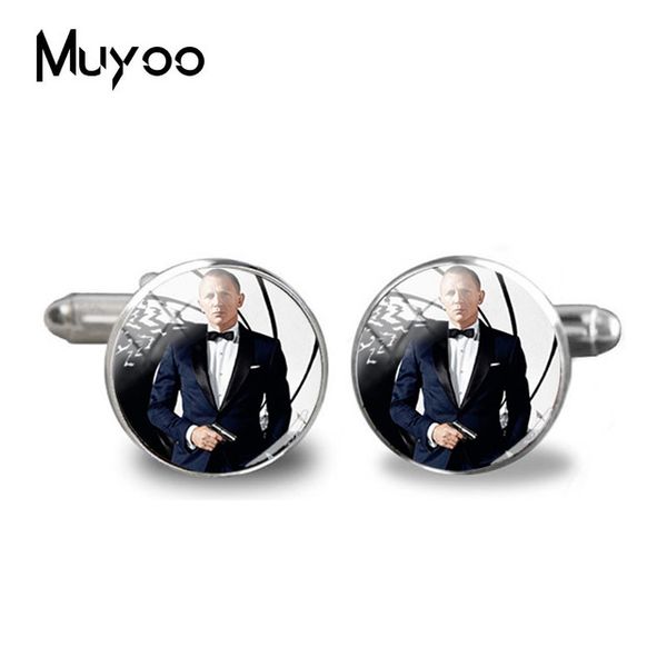 

2019 new bond 007 cufflink black and white action movie logo p cufflinks shirt cuff link for mens glass jewelry, Silver