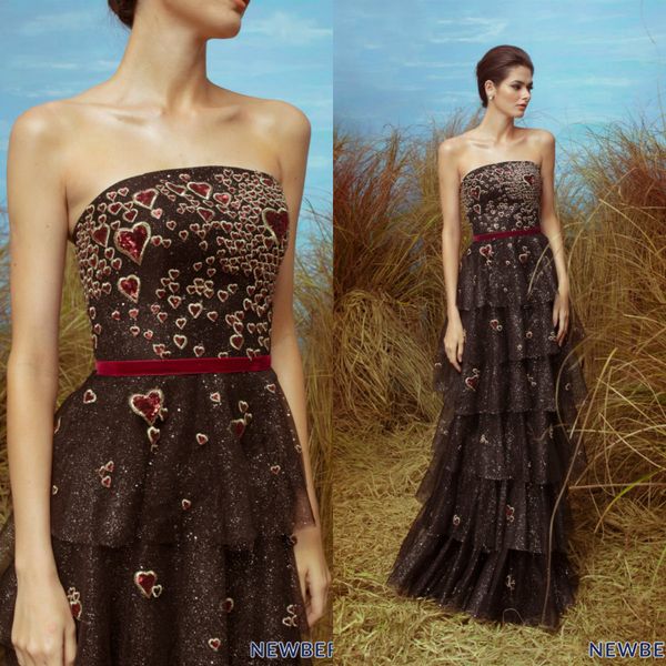 

black sequins glitter evening dresses strapless a line tiered skirts prom dress floor length arabic robe de soiree custom made, Black;red
