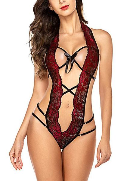

hollow out lace underwear halter backless see though jumpsuits alluring lace up rompers for women, Black;white