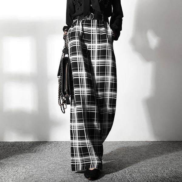 

fashion plaid casual wide-leg pants design high waist was thin and high wild professional female fashion suit trousers f1207, Black;white