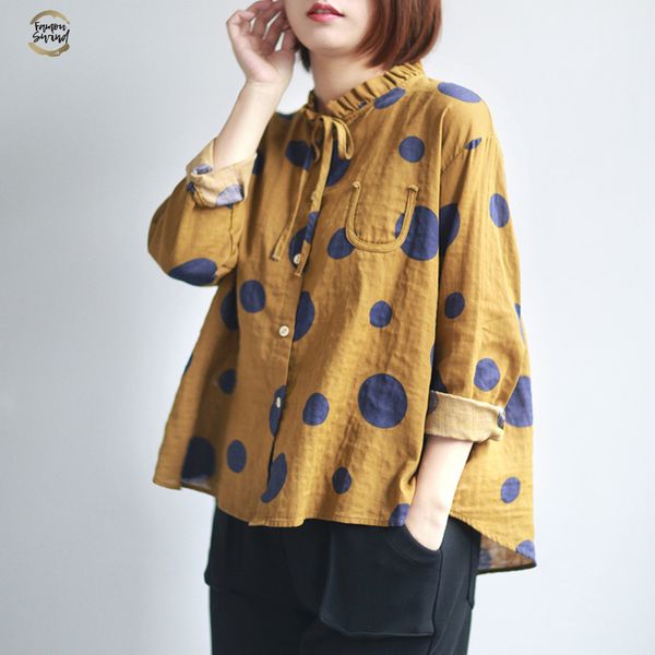 

women polka dot shirts 2019 summer new japanese style blouses long sleeve cardigan vintage plus size women shirts, White