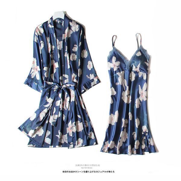 

ice silk thin section printing women robe set spaghetti strap with chest pad sleepwear, Black;red