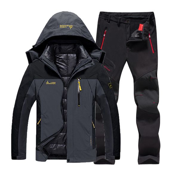 

men winter waterproof fishing thermal pant plus size trekking hiking camping skiing climbing 3 in 1 outdoor jackets set 6xl suit, Blue;black