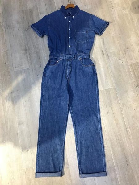 

2020 ladies fashion short-sleeved lapel lace-up denim jumpsuit 0615, Black;white