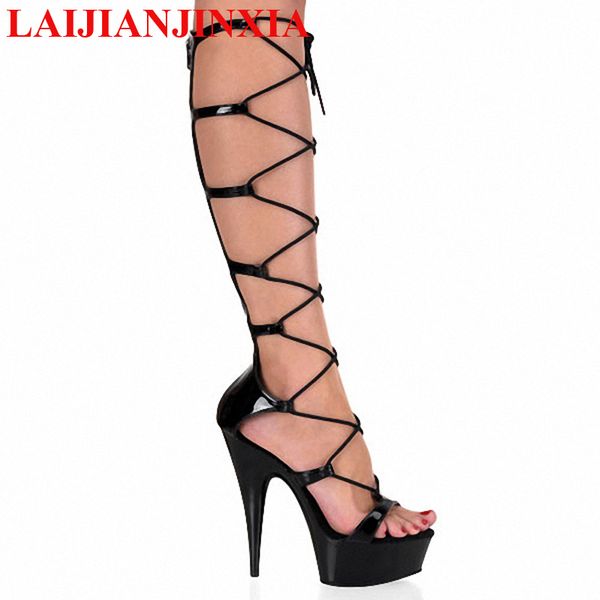 

laijianjinxia new lace-up knee high boots fashionable motorcycle boots pole dancing shoes 15cm high heels woman shoes, Black
