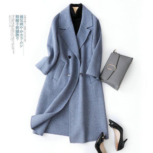 

2020 double breasted wool coat women blue long female jacket elegant spring autumn coats and jackets women abrigo mujer 8016, Black