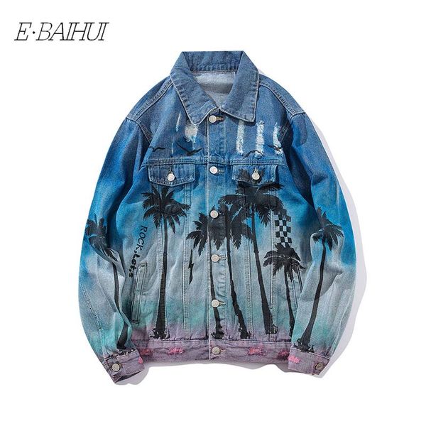 

e-baiuhi fashion loose denim jacket vintage bomber jacket ripped holes sea beach coconut tree men hip hop jeans jacket streetwear coatll605, Black;brown