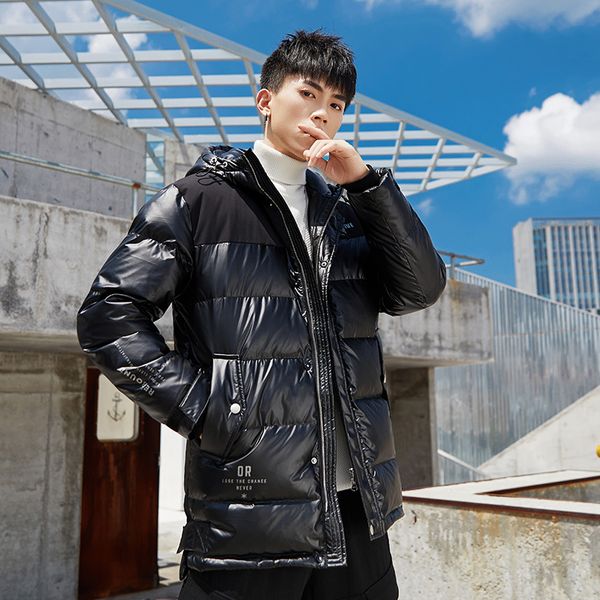 

2019 new long down jacket men's embroidery printing men's jacket windproof and waterproof warm light hooded duck down men, Black