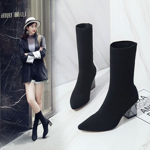 

black boots women's low shoes bootee woman 2019 round toe luxury designer chunky heel lace up mid-calf rubber rock high heel