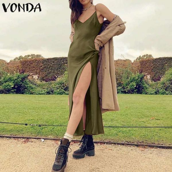 

summer dress vonda 2020 women v neck sleeveless dresses casual loose bohemian vestidos femme split hem robe s-5xl sundress, Black;gray