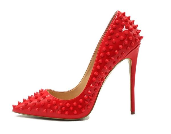 

2019 women fashion wedding red spikes patent leather poined toes high heeled heels shoes stiletto shoes pump 12cm 10cm, Black