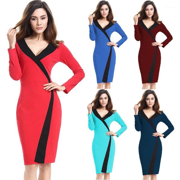 

panelled female dresses plus size womens clothing spring womens designer pencil dresses v neck long sleeve, Black;gray