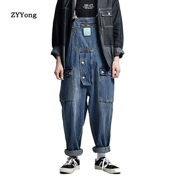 

men denim jumpsuit bib loose jeans vintage freight cargo pants overalls suspender youth leisure blue rompers trousers