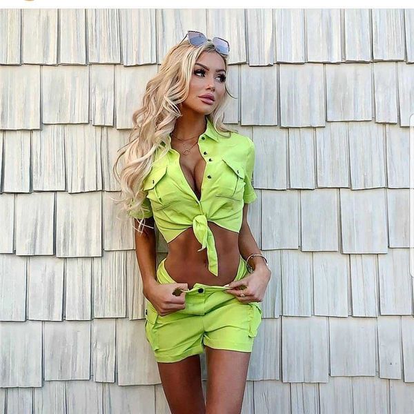 

adogirl fashion casual jeans two piece set short sleeve front tie shirt crop pockets shorts women denim suit streetwear, White