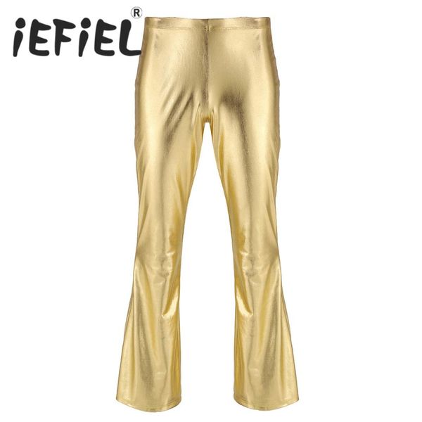 

fashion adults male mens shiny metallic disco pants with bell bottom flared long pants dude costume nightwear cosplay trousers, Black