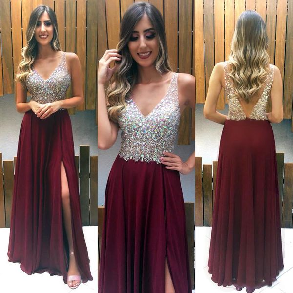 

burgundy long formal prom dresses long elegant v-neck sleeveless sparkly crystals beaded bodice a-line floor length chiffon evening gowns, Black