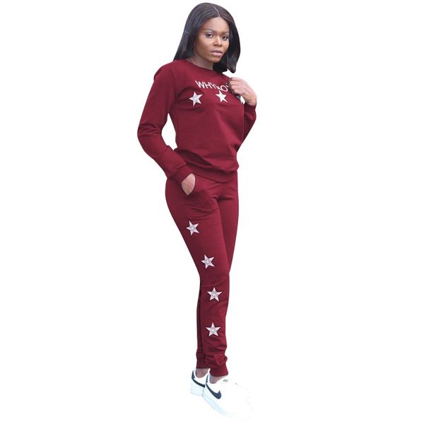 

tracksuit women star print o-neck full sleeve fashion woman set 2 two pieces suits casual nightclub sportswear sets, White