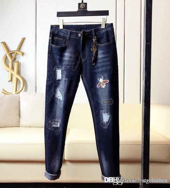 

мода мужские дизайнерские брюки стилист тощий рваные белые полосатые мужские джинсы стрейч тонкий кулиской байкер джинсы черный синий мужски, Blue