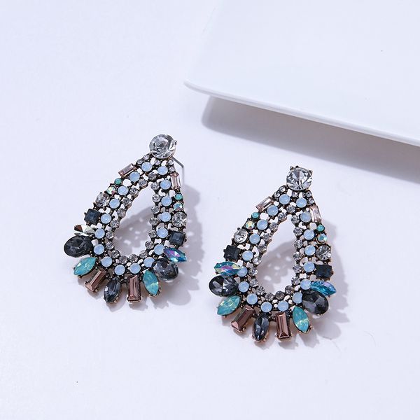 

fashion-yhpup fashion brand luxury rhinestone crystal geometric dangle earrings colorful glass oorbellen for bride women party jewelry, Silver