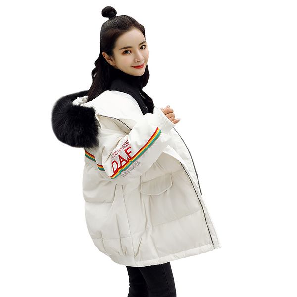 

down jacket embroidery fur collar hooded loose white coat long sleeve stripe filled down pocket winter jacket, Black