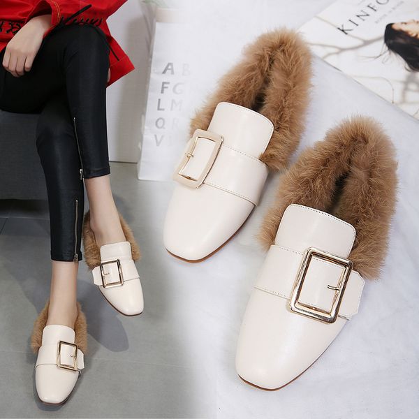 

square toe shoes woman flats loafers fur casual female sneakers autumn shallow mouth slip-on dress winter round new comfortable, Black