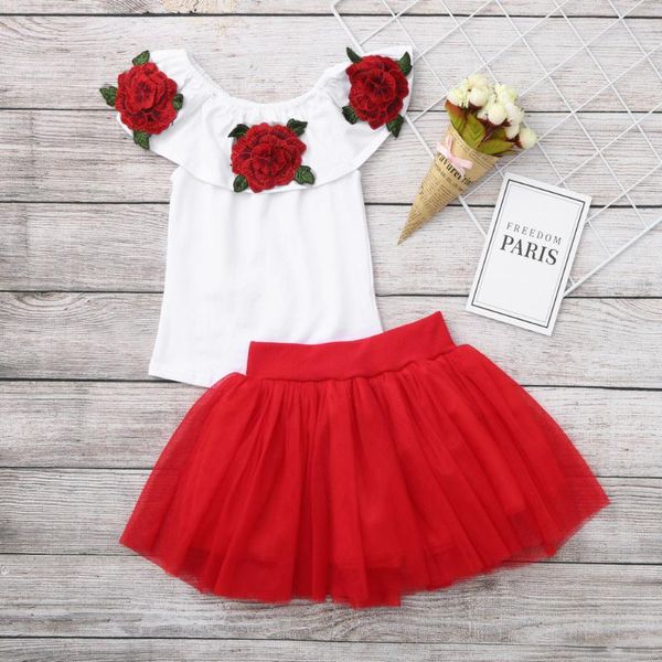 

girls dress 2pc clothes set baby toddler outfits summer flower t- shirt with tulle skirts toddler girl clothes roupa infantil, White