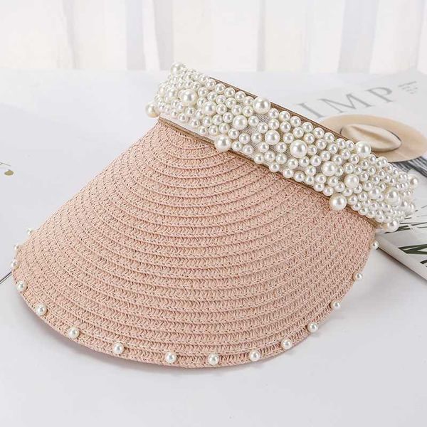 

ht3001 korea style women summer hat wide brim straw hat for women pearls visor ladies elegant visor cap sun, Blue;gray