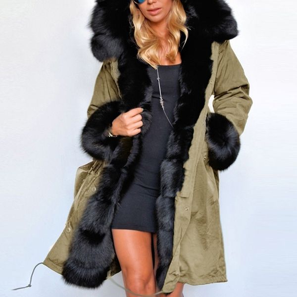 

naiveroo winter coat luxury womens faux fur casual warm hooded hoody parka long trench jacket outerwear oversize plus s-3xl, Black