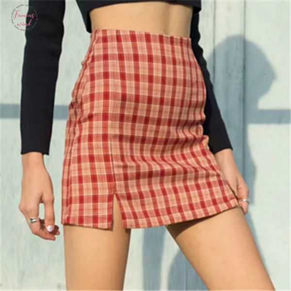 

2020 slim hip plaid summer mini skirts womens high waist side plaid split mini skirt fashion short woman skirts, Black