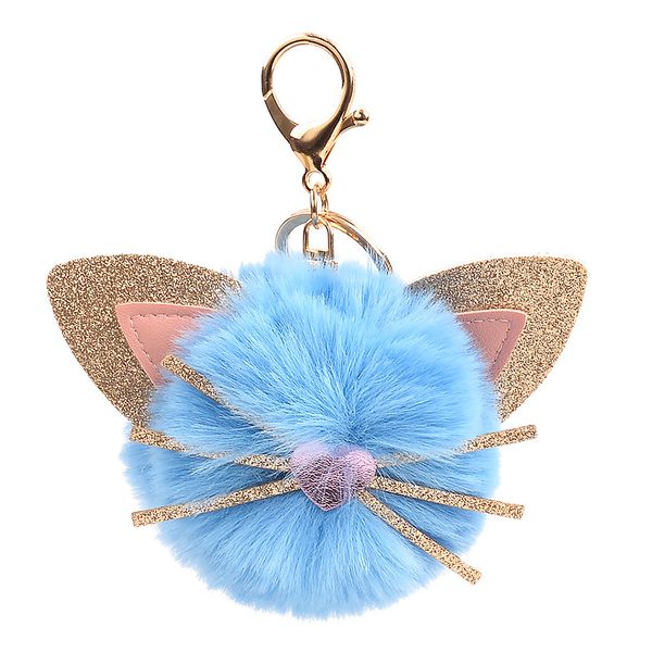 

lovely cartoon cat face fluffy fur ball key chain soft pompom animal women key ring gifts llaveros pendant ring, Silver