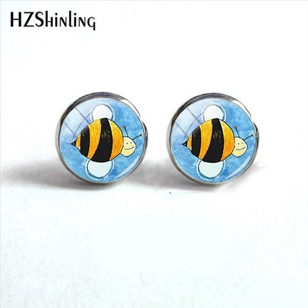 

2019 new bumble bee round earring lovely honey bees earrings hand craft jewelry glass cabochon hz4, Golden;silver