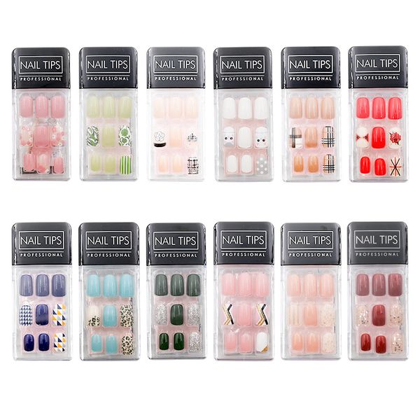 

30pc full cover fake nail tips with glue sticker mixed pattern reusable nail decoration tools, Red;gold