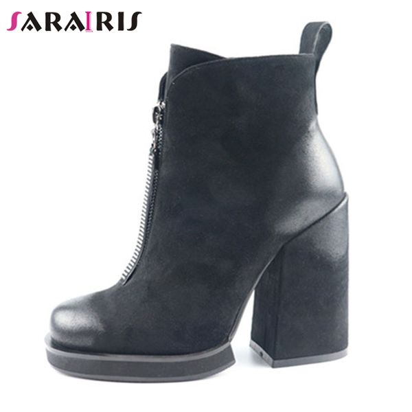 

sarairis brand new solid kid cuede square high heels zip shoes woman casual office fashion spring autumn ankle boots size 35-40, Black