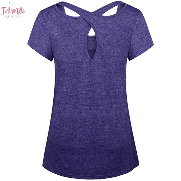 

2019 new summer women t shirt solid tunic short sleeve o neck criss cross babdage back sports gym athletic 9may1239, White