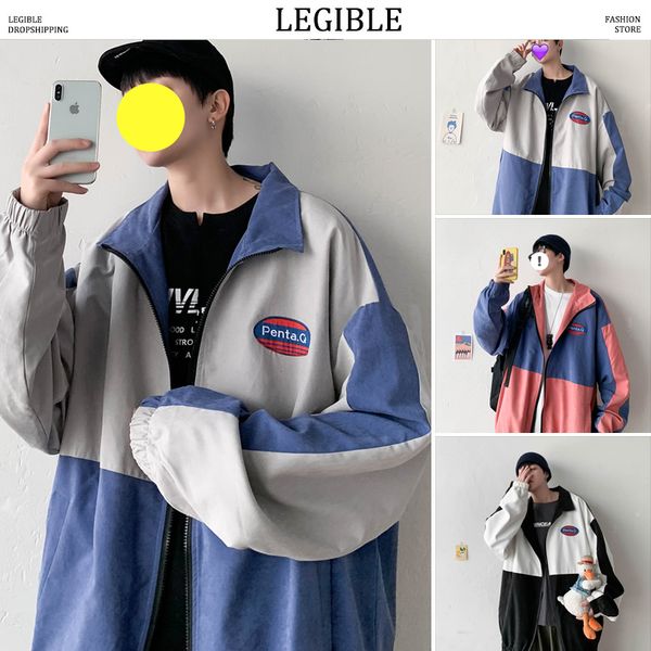 

legible 2020 spring autumn patchwork jackets mens zipper hat jackets male loose windbreaker korean casual jacket, Black;brown