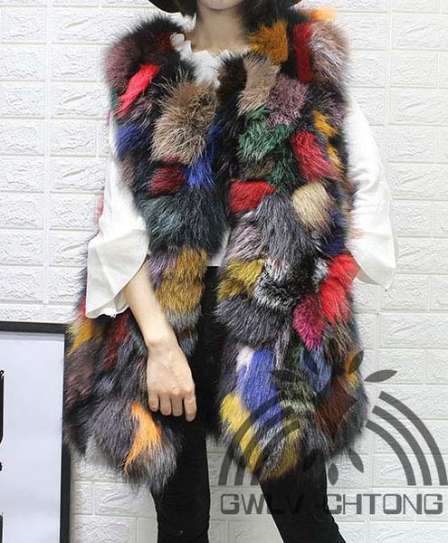 

real natural genuine fur vest women fashion multi-color colorful fur gilet jackets ladies over coat outwear, Black