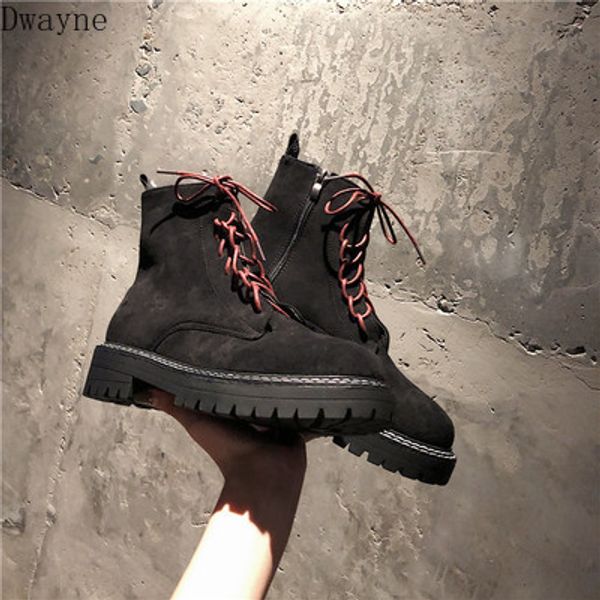 

2019 new women's booties flat boots net red lace british style retro knight platform boots, Black