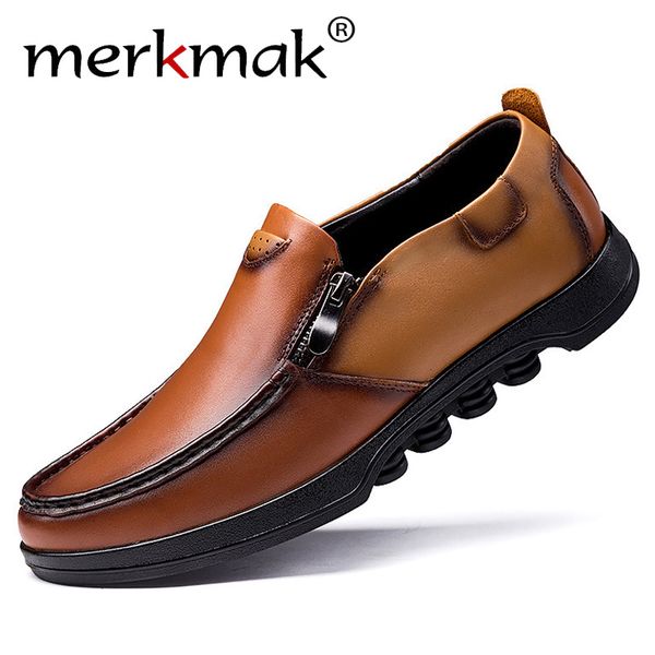 

merkmak genuine leather casual shoe new autumn men flats male business leisure shoe big size loafers male party wedding footwear, Black