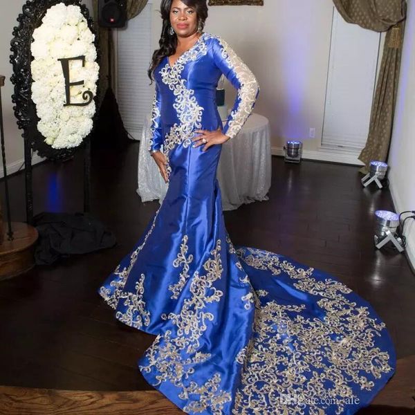 

2019 appliqued royal blue plus size mermaid prom dress v neck sweep train evening dress formal party gown